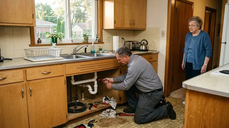 Clogged drain repair Dearborn Heights MI: fitting a new PVC P-trap under a 1950s ranch kitchen sink