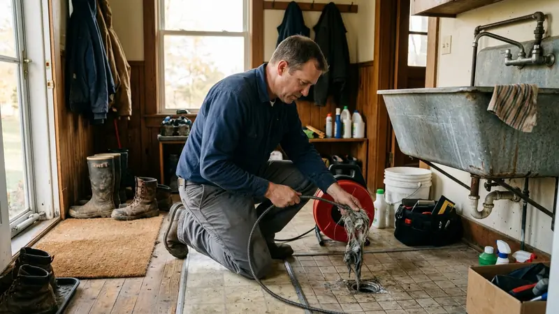 Clogged drain repair Monroe MI: pulling a hair clog out of a mudroom shower drain