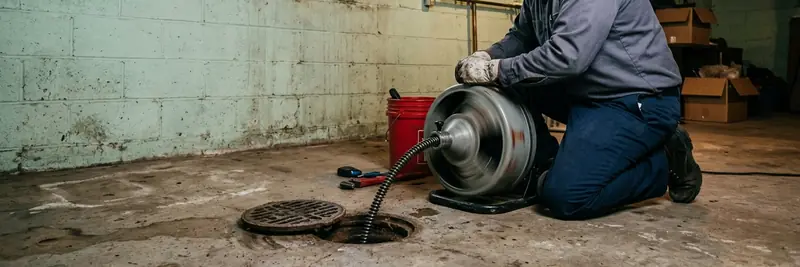 Drain cleaning in Detroit with a cable machine at the basement floor drain of a brick bungalow