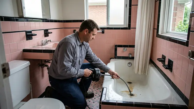 Drain cleaning Dearborn Heights MI: clearing a bathtub drain in a 1950s brick ranch bathroom with pink tile