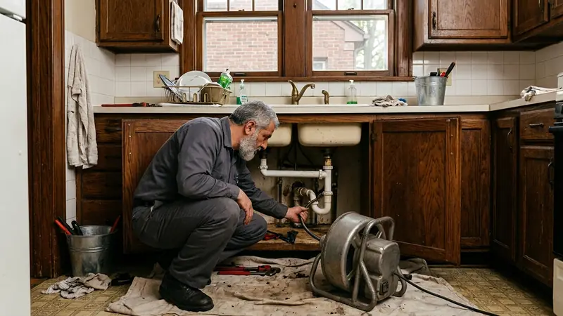 Drain cleaning Dearborn MI: clearing a clogged kitchen sink drain in a 1920s East Dearborn brick bungalow