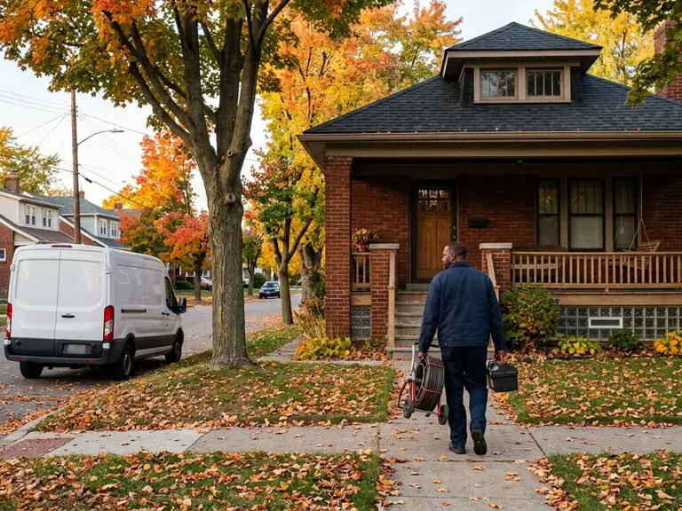 Drain cleaning Detroit MI: technician carrying a drain machine up the walk of a 1920s brick bungalow on a fall street