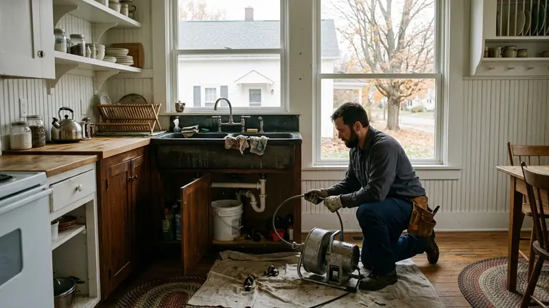 Drain cleaning Monroe MI: clearing a clogged double sink in an older farmhouse kitchen