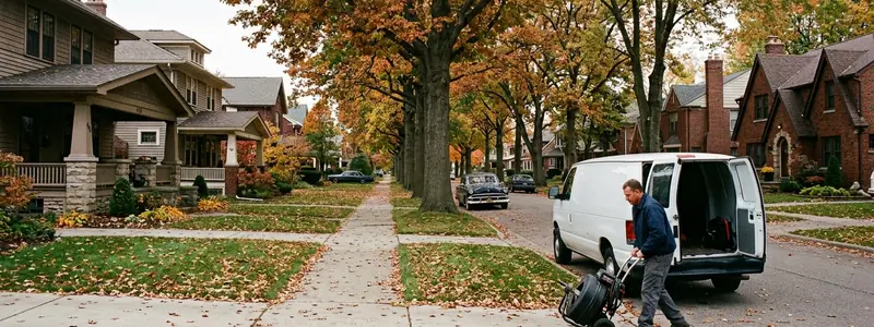 Drain cleaning Royal Oak MI: technician unloading a drain machine on a street of 1920s bungalows and Tudors