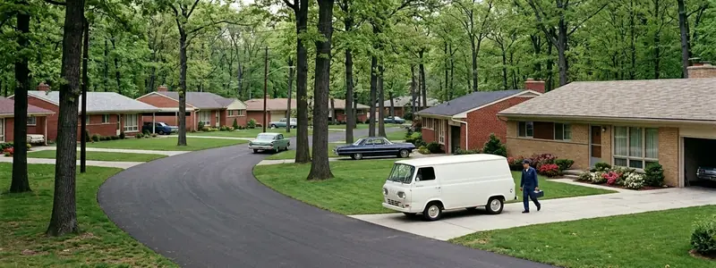 Drain cleaning Southfield MI: service van at a mid-century brick ranch on a wooded, winding street