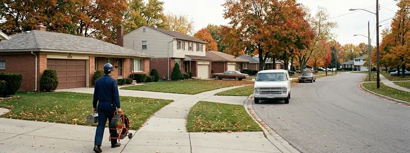 Drain cleaning Sterling Heights MI: technician carrying a sewer camera up a driveway in a 1970s subdivision