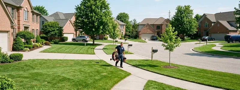 Drain cleaning Troy MI: technician carrying a sewer camera reel past brick-front colonials on a cul-de-sac