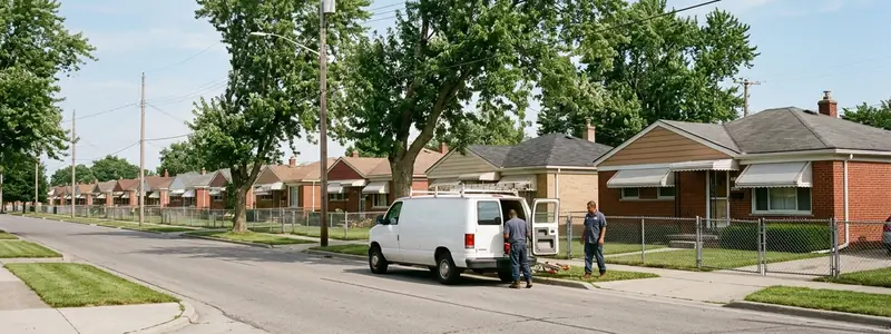 Drain cleaning Warren MI: service van on a street of 1950s brick ranches with awnings and silver maples