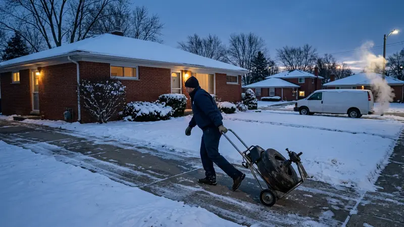 Emergency drain cleaning Dearborn Heights MI: winter dawn call at a brick ranch