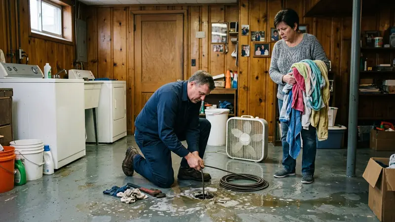 Emergency drain cleaning Livonia MI: clearing an overflowing laundry drain in a ranch basement