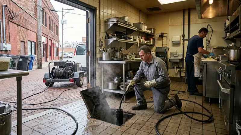 Hydro jetting Dearborn MI: jetting a restaurant kitchen grease line through a floor cleanout