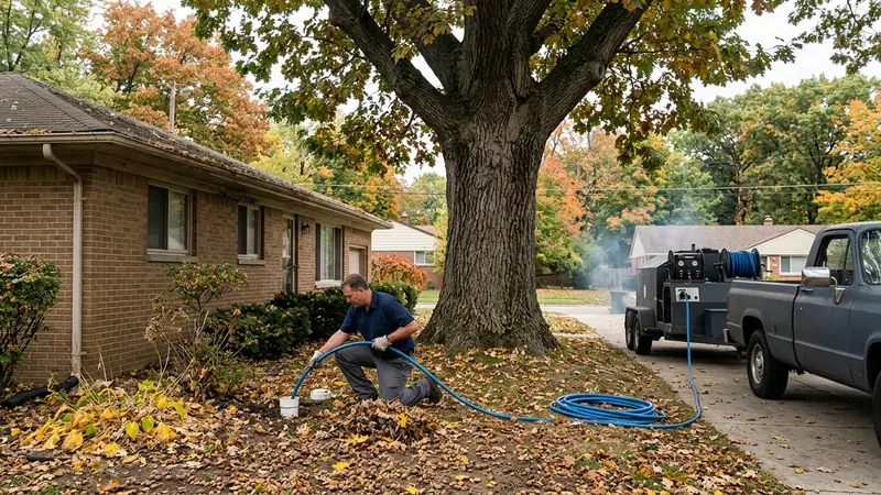 Hydro jetting Livonia MI: jetting a 4-inch cleanout beside a brick ranch under a white oak