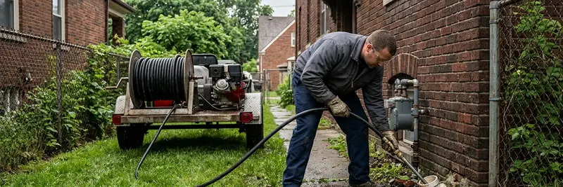Hydro jetting a Detroit sewer line through the side-yard cleanout of a brick two-flat